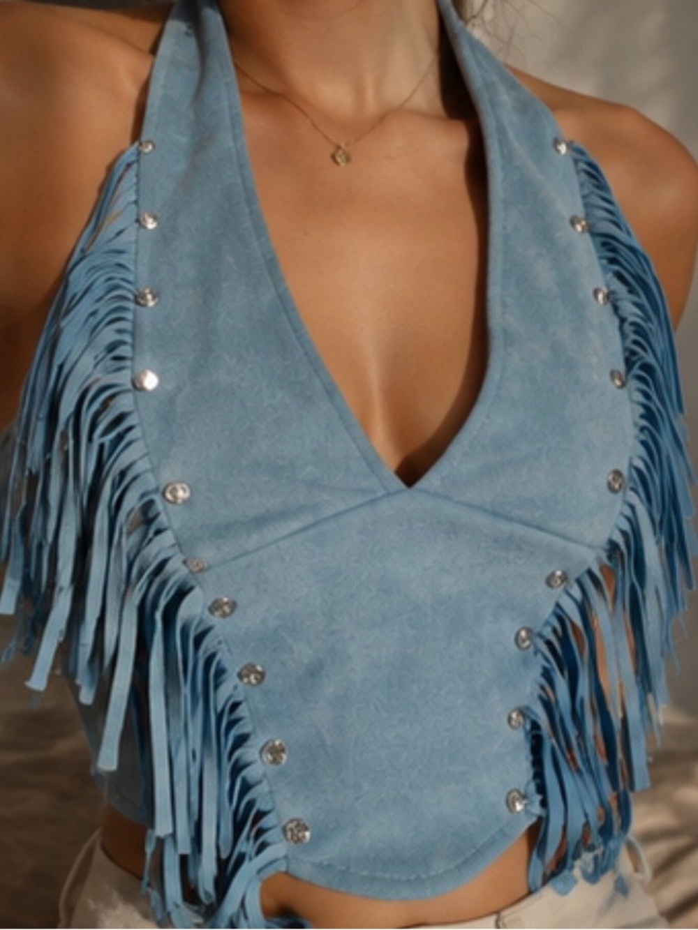 Forever 21 Blue Faux Suede Fringe Halter Crop Top
